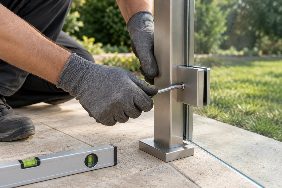 Mains gantées serrant une pince en inox brossé sur un panneau de verre posé sur une dalle