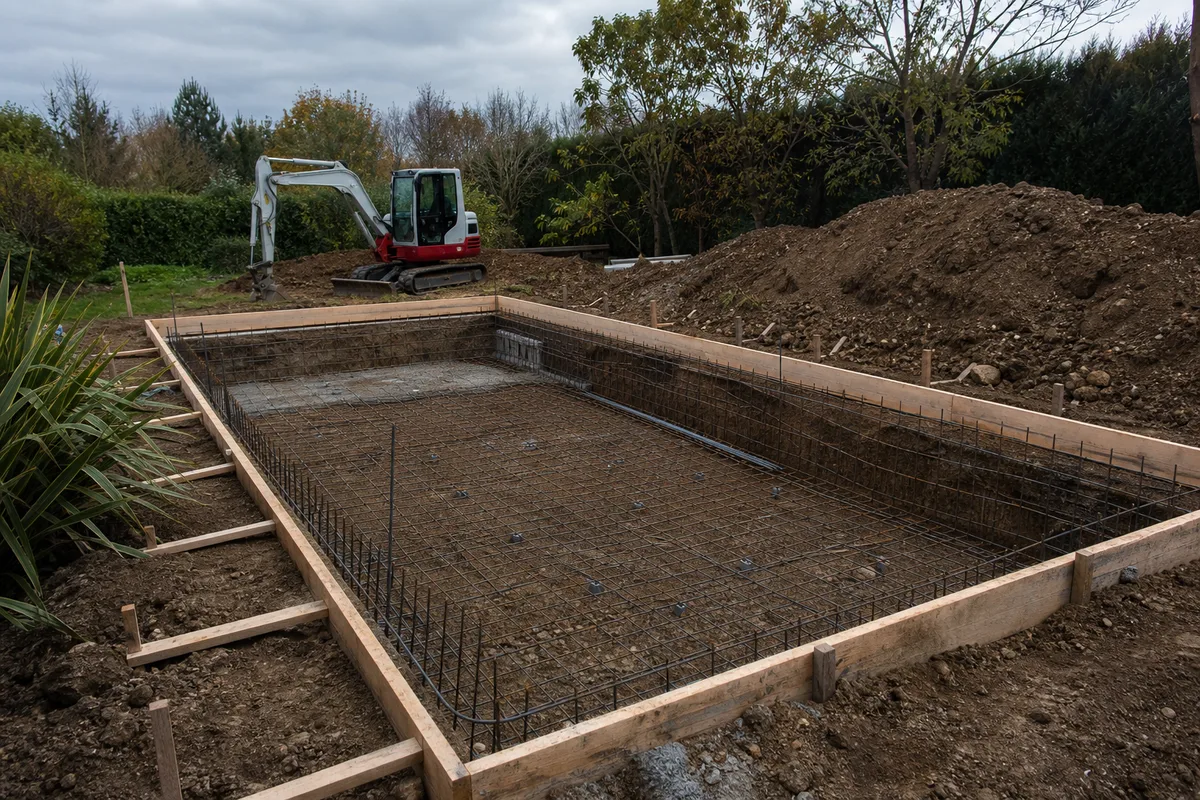 Bassin rectangulaire en construction dans un jardin, coffrage en place, tas de terre en bordure