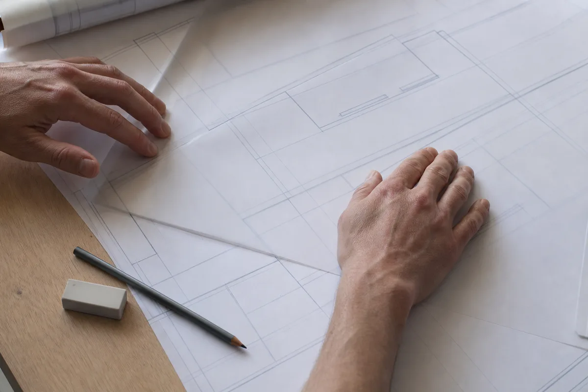 Plans et calques d&rsquo;un projet de bassin posés sur une table en bois, mains d&rsquo;un dessinateur au crayon