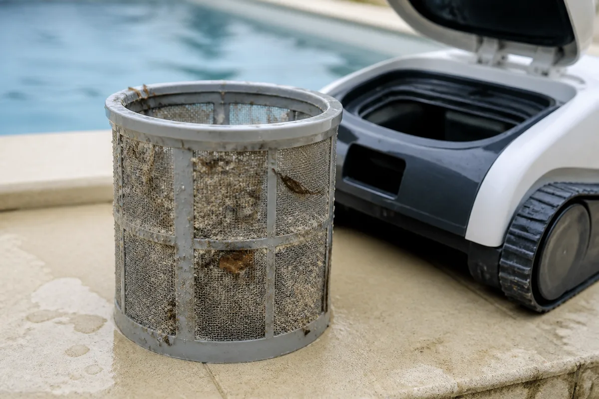 Filtre de robot de piscine encrassé posé sur une margelle après un cycle de nettoyage