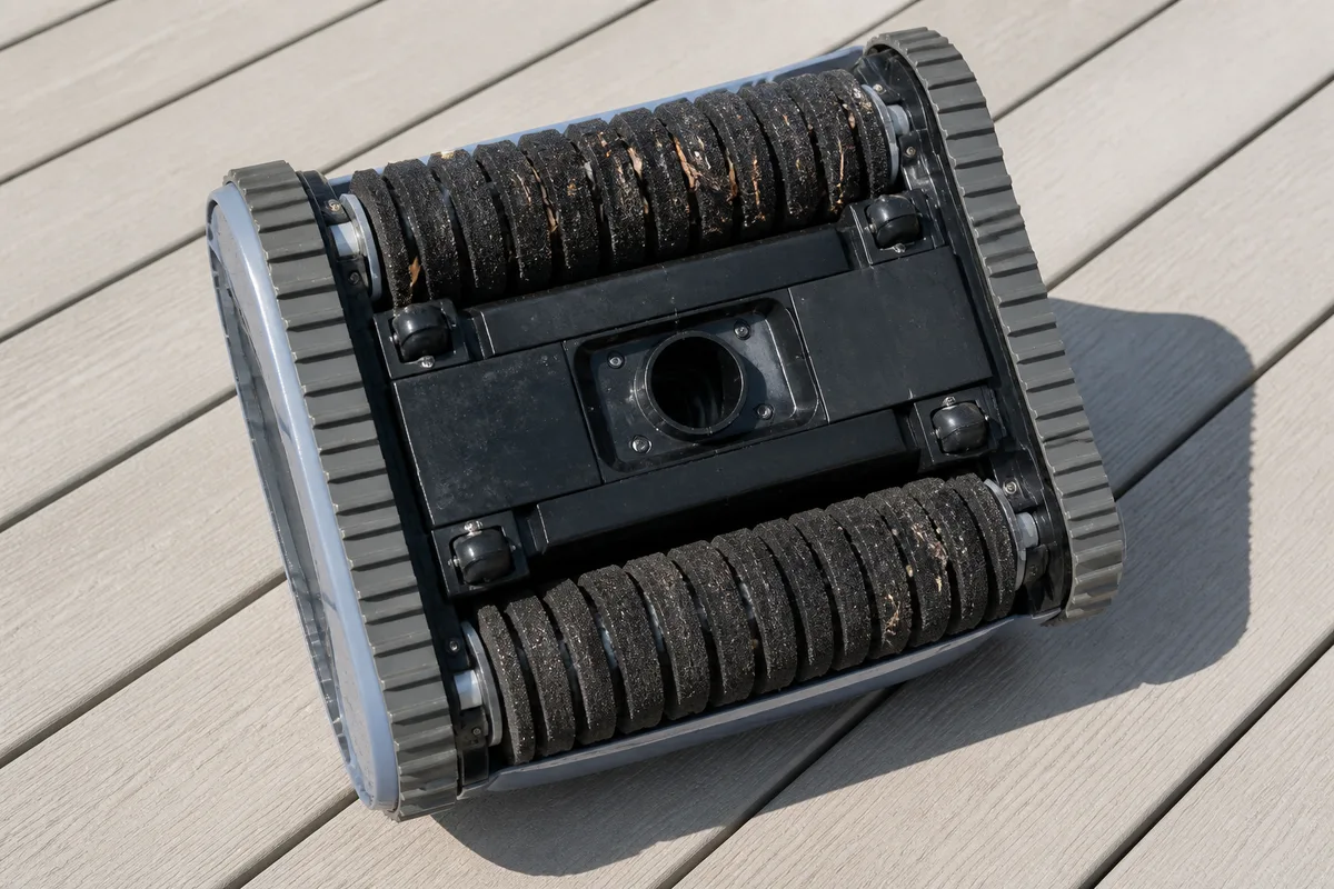 Brosses et chenilles d&rsquo;un robot de piscine électrique retourné pour inspection sur une terrasse