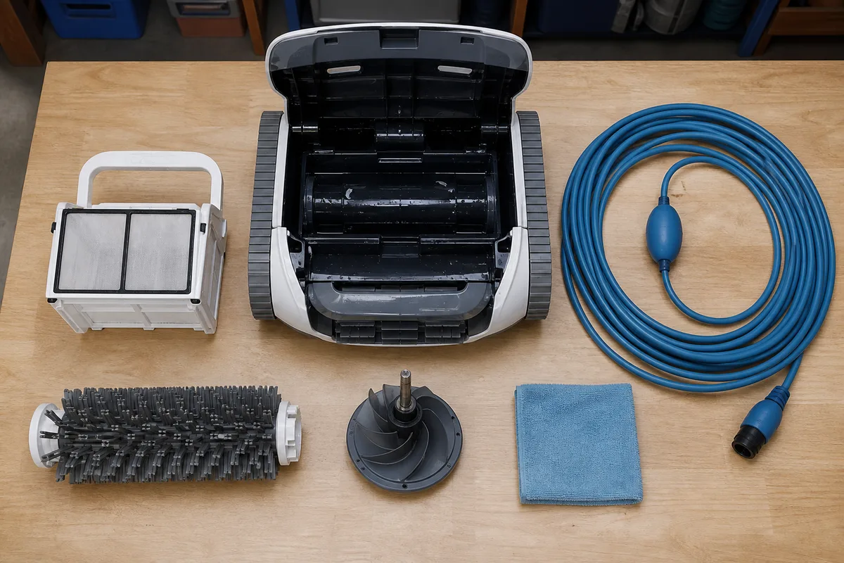 Coque et hélice d&rsquo;un robot de piscine démontées pour un contrôle d&rsquo;entretien de fin de saison