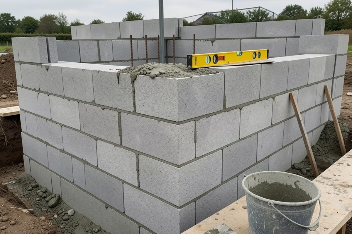 Mur de piscine en parpaings à bancher en cours de montage, mortier frais et niveau à bulle