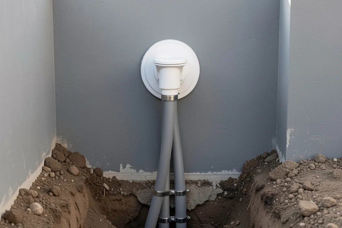 Tuyaux de refoulement et skimmer scellés dans un mur de bassin enduit, tranchée ouverte