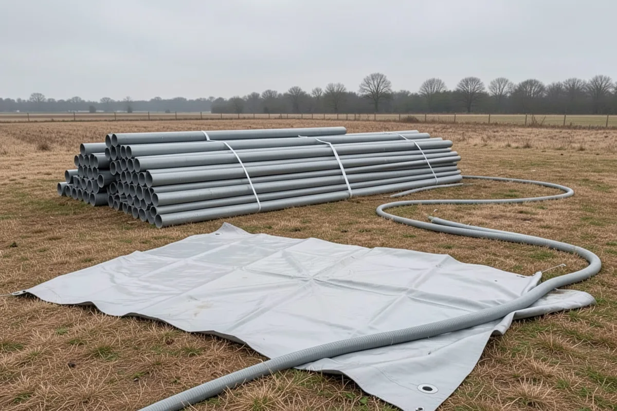 Piscine tubulaire en cours de démontage, liner replié sur l’herbe