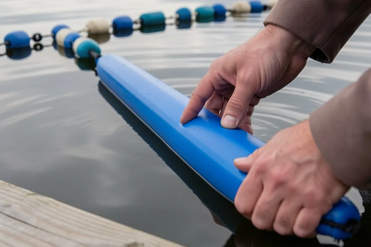 Mains posant des flotteurs d’hivernage en diagonale sur une piscine hors-sol