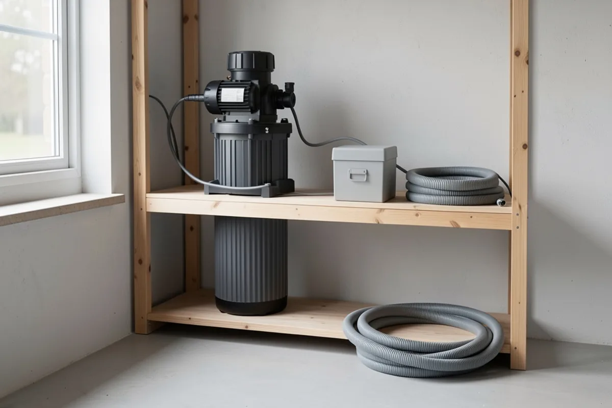 Pompe de filtration débranchée rangée sur une étagère de garage