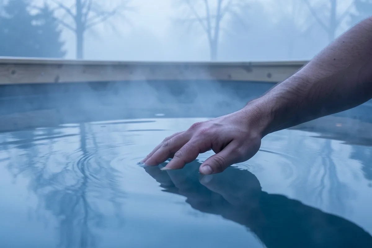 Main effleurant l’eau froide d’une piscine hors-sol au petit matin