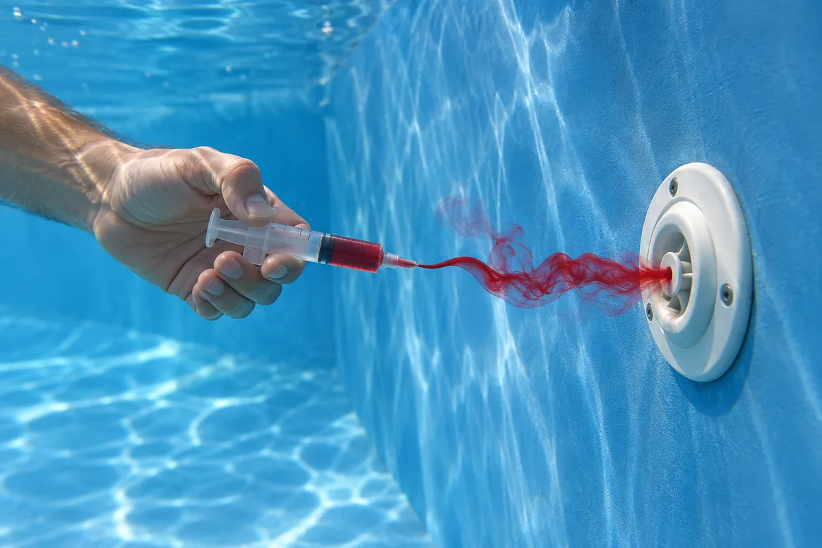Colorant rouge aspiré vers une buse de refoulement sur la paroi d’une piscine
