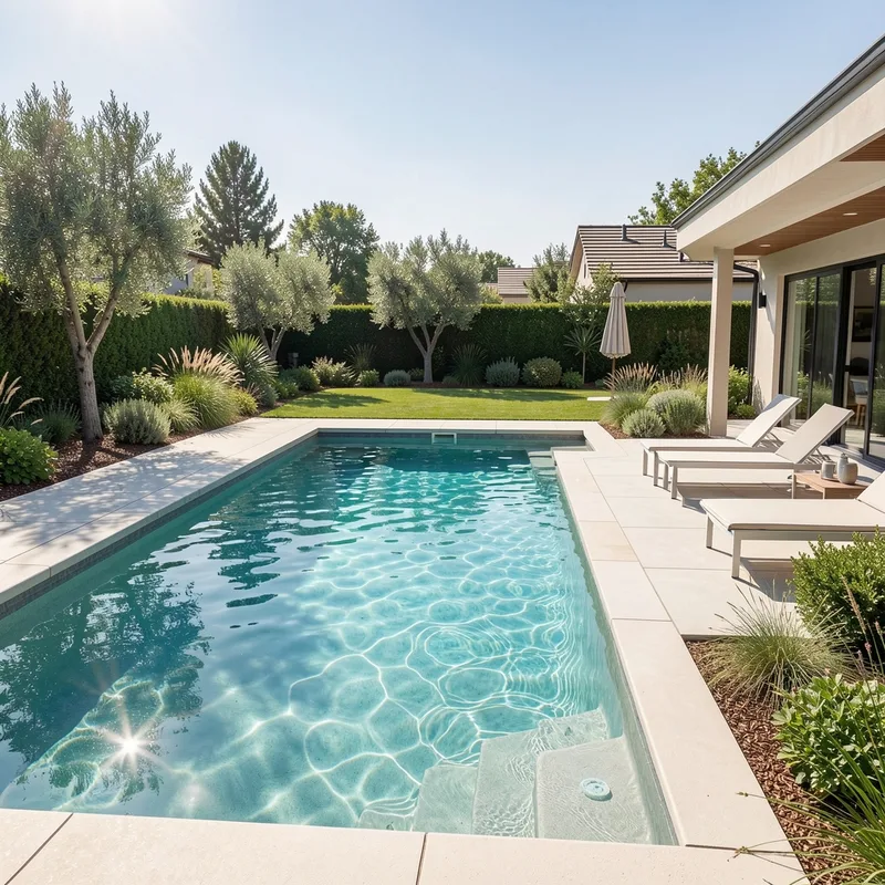 Piscine enterrée à débordement bordée d'une terrasse en bois